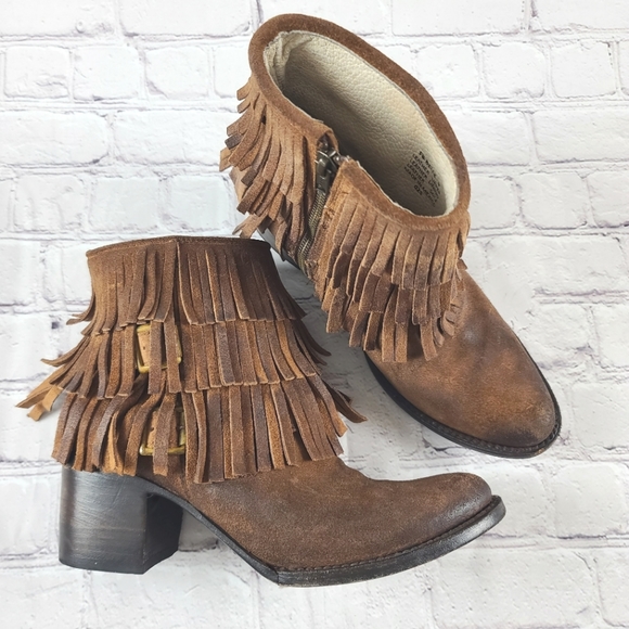 Freebird by Steven Shoes - Freebird Size 8 Belle Fringe Western Ankle Booties Shooties Side Zip Brown